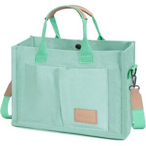 Women's Light Green Canvas Tote Pockets Handle Crossbody Shoulder Satchel Bag